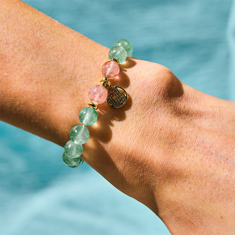 Nimara Ritual Natural Green Strawberry Quartz Soothing Fu Character Bracelet