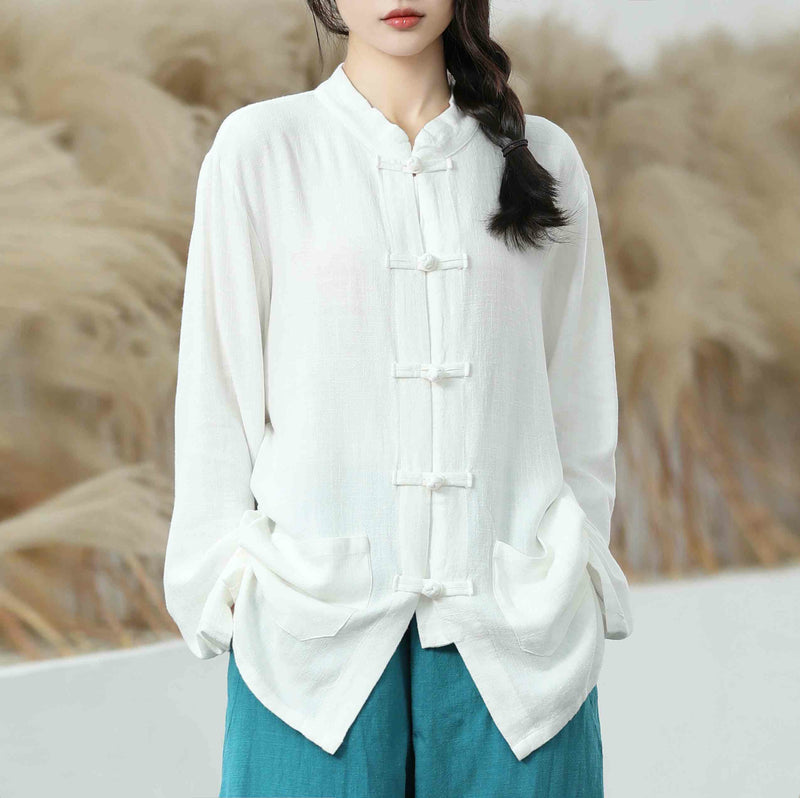 Nimara Ritual Solid Color Frog-button Long Sleeve Cotton Linen Women's Shirts With Pockets