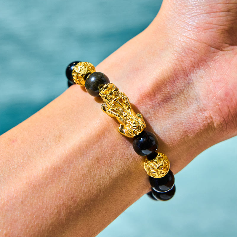 Nimara Ritual Natural Gold Sheen Obsidian PiXiu Om Mani Padme Hum Wealth Bracelet