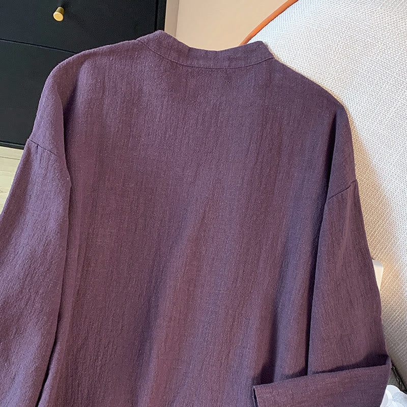 Nimara Ritual Casual Women's Plain Frog-Button Stand Collar Design Long Sleeve Shirt