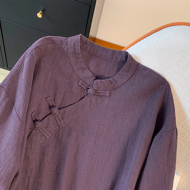 Nimara Ritual Casual Women's Plain Frog-Button Stand Collar Design Long Sleeve Shirt