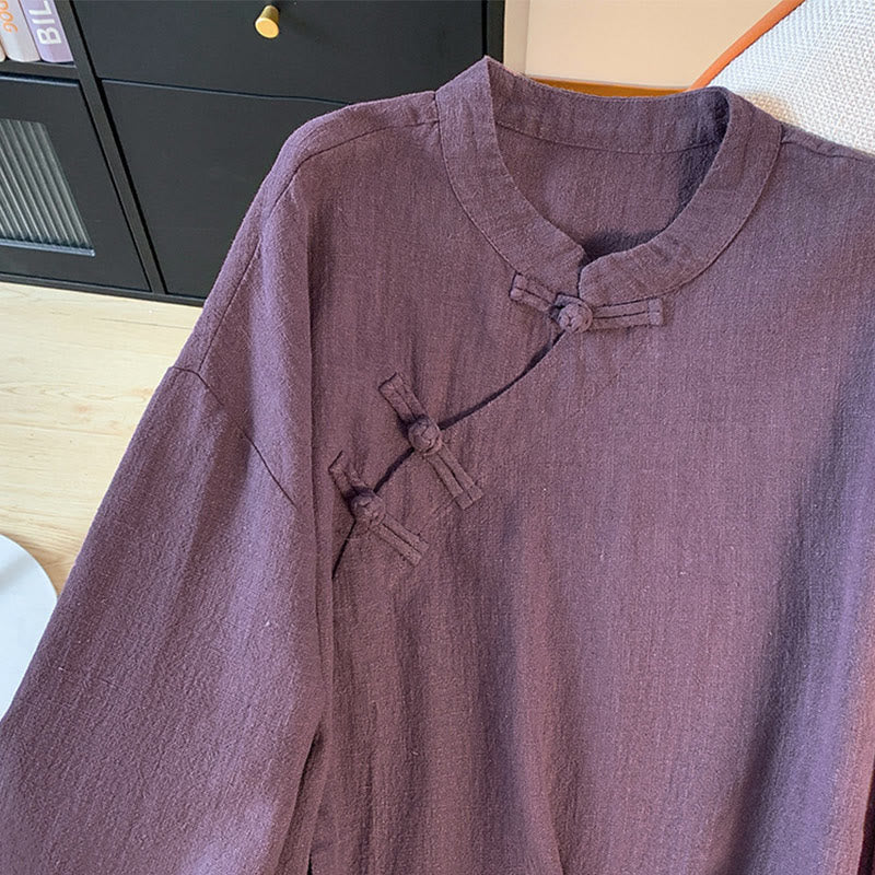 Nimara Ritual Casual Women's Plain Frog-Button Stand Collar Design Long Sleeve Shirt