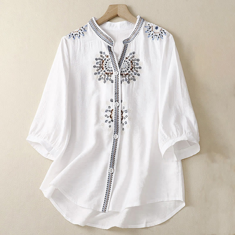 Nimara Ritual Casual Women's Bohemia Embroidery Flowers V-Neck Design Half Sleeve Shirt