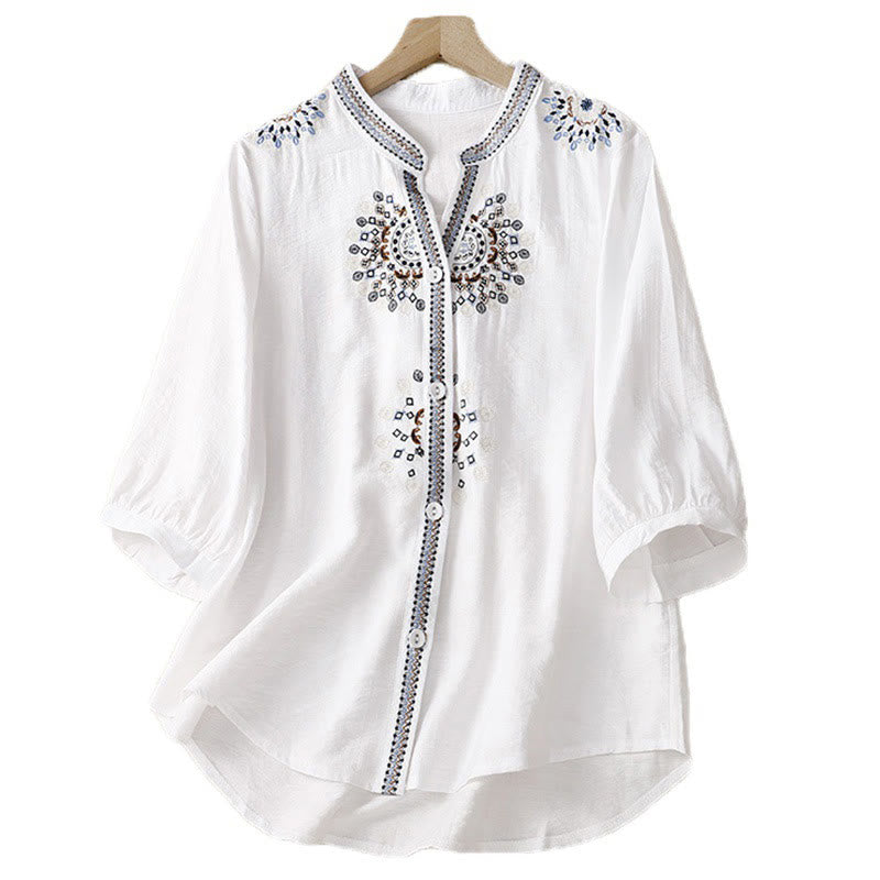 Nimara Ritual Casual Women's Bohemia Embroidery Flowers V-Neck Design Half Sleeve Shirt