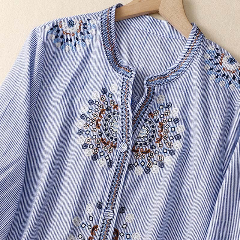 Nimara Ritual Casual Women's Bohemia Embroidery Flowers V-Neck Design Half Sleeve Shirt