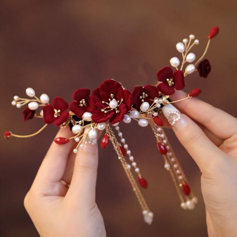 Nimara Ritual Chinese Oriental Wedding Bridal Red Rose Hair Clip