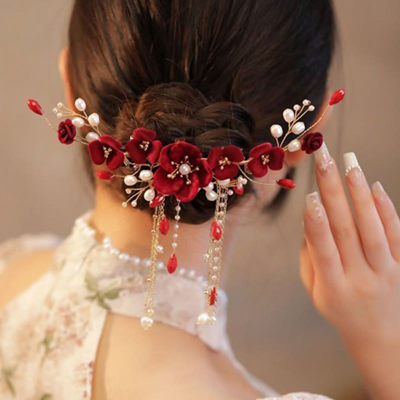 Nimara Ritual Chinese Oriental Wedding Bridal Red Rose Hair Clip