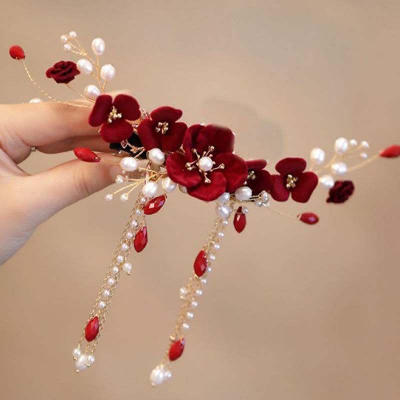 Nimara Ritual Chinese Oriental Wedding Bridal Red Rose Hair Clip