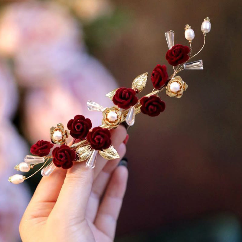 Nimara Ritual Chinese Oriental Wedding Bridal Red Rose Hair Clip