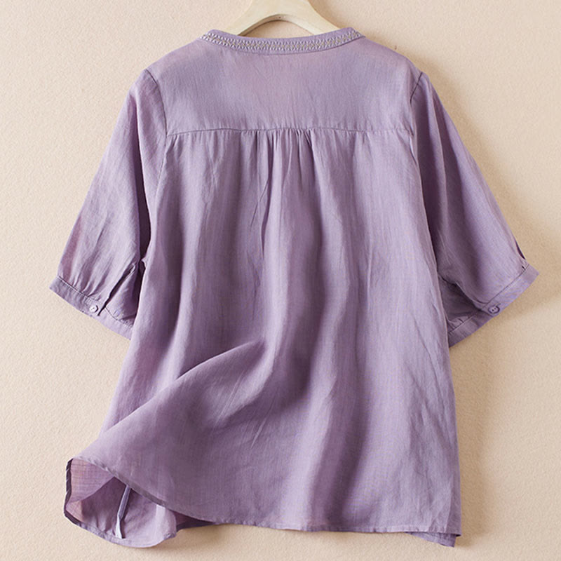 Nimara Ritual Casual Embroidery Plants Women's V-Neck Design Half Sleeve Cotton Blended Shirt