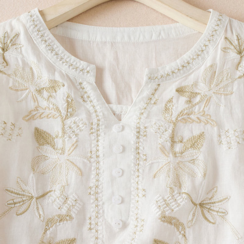 Nimara Ritual Casual Embroidery Plants Women's V-Neck Design Half Sleeve Cotton Blended Shirt