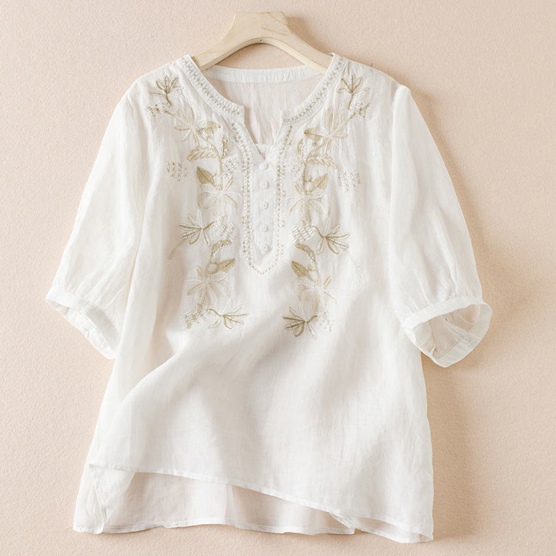 Nimara Ritual Casual Embroidery Plants Women's V-Neck Design Half Sleeve Cotton Blended Shirt
