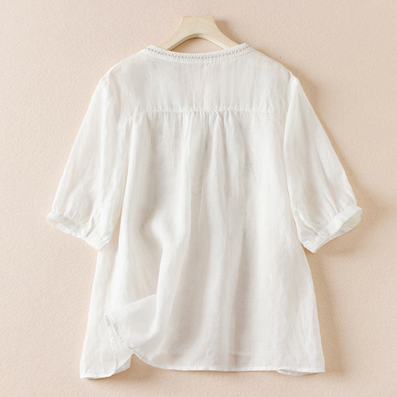 Nimara Ritual Casual Embroidery Plants Women's V-Neck Design Half Sleeve Cotton Blended Shirt