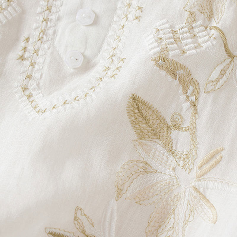 Nimara Ritual Casual Embroidery Plants Women's V-Neck Design Half Sleeve Cotton Blended Shirt