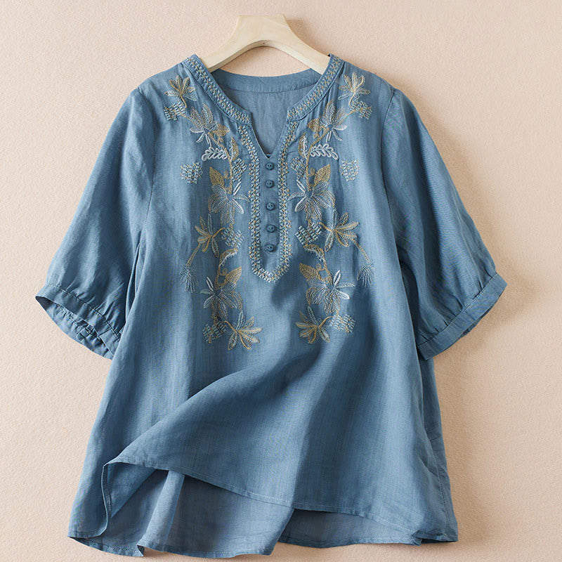 Nimara Ritual Casual Embroidery Plants Women's V-Neck Design Half Sleeve Cotton Blended Shirt