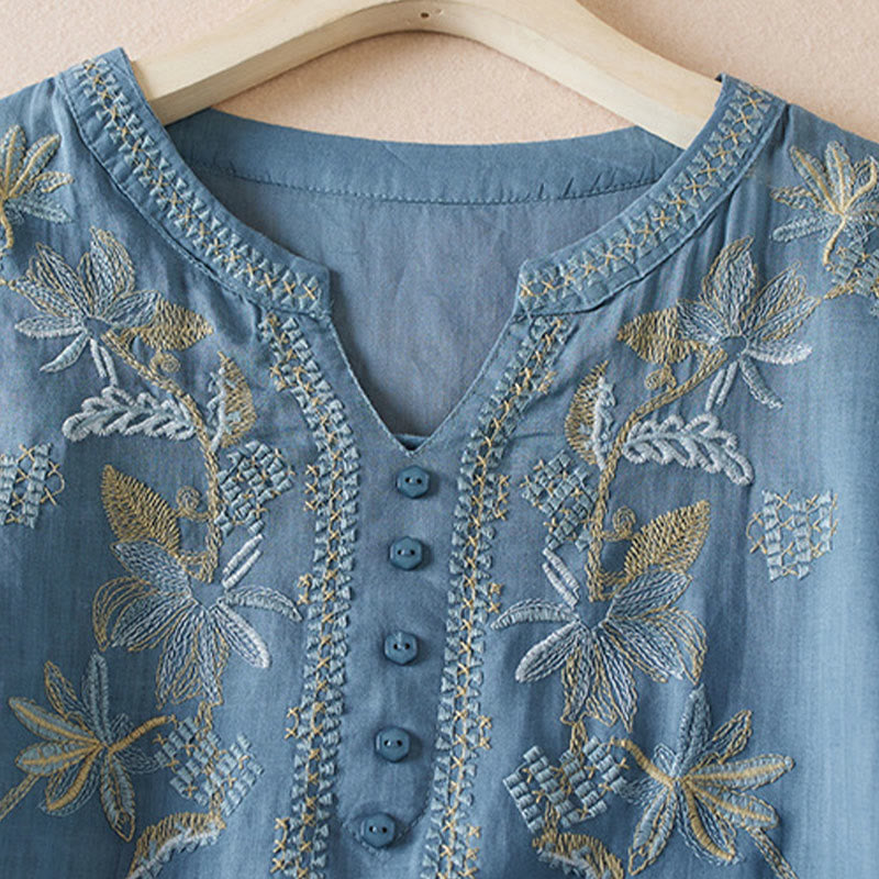 Nimara Ritual Casual Embroidery Plants Women's V-Neck Design Half Sleeve Cotton Blended Shirt