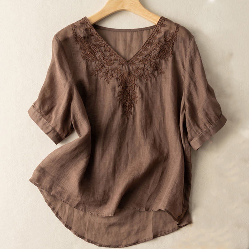 Nimara Ritual Casual Embroidery Floral Women's V-Neck Design Half Sleeve Cotton Shirt