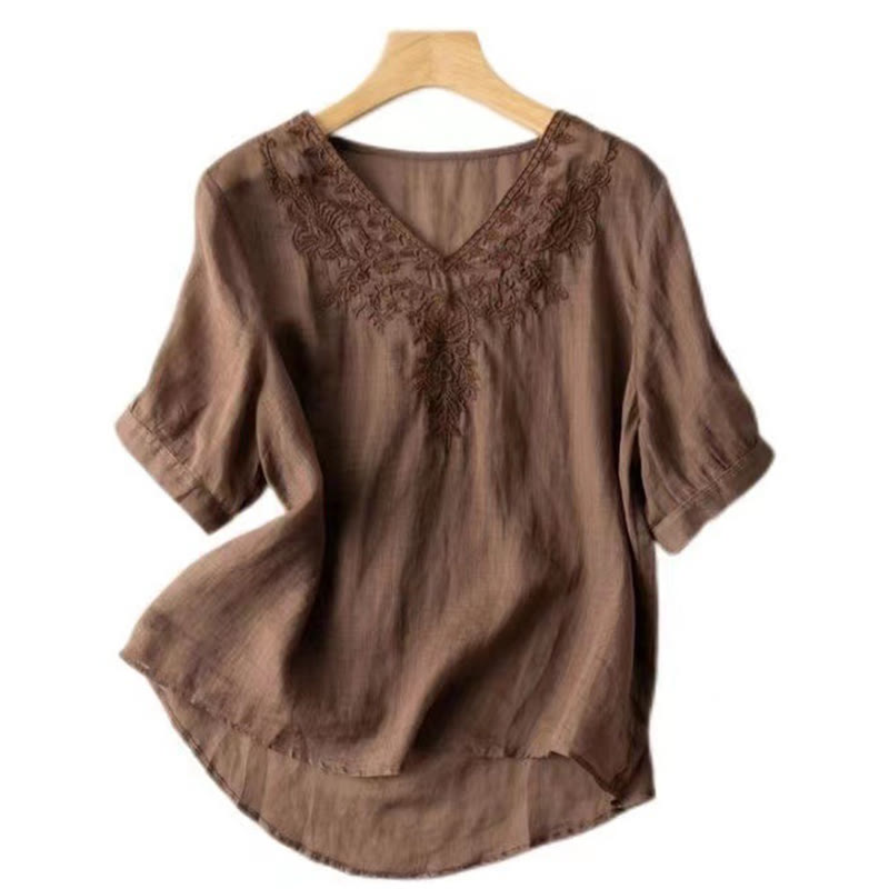 Nimara Ritual Casual Embroidery Floral Women's V-Neck Design Half Sleeve Cotton Shirt