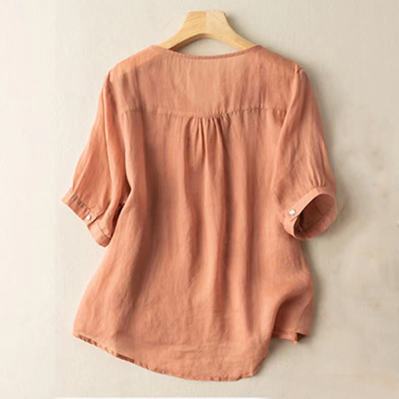 Nimara Ritual Casual Embroidery Floral Women's V-Neck Design Half Sleeve Cotton Shirt