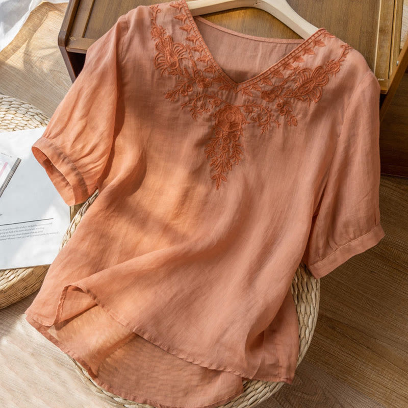 Nimara Ritual Casual Embroidery Floral Women's V-Neck Design Half Sleeve Cotton Shirt