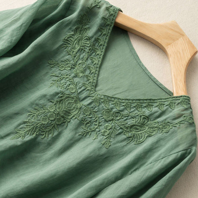 Nimara Ritual Casual Embroidery Floral Women's V-Neck Design Half Sleeve Cotton Shirt