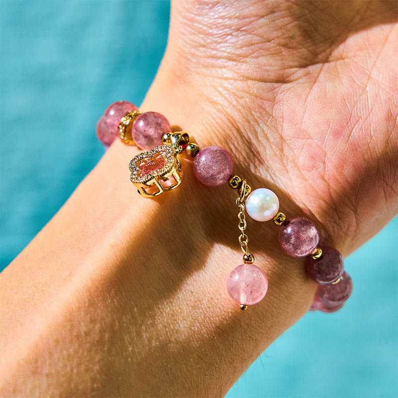 Nimara Ritual Strawberry Quartz Pearl Four Leaf Clover Charm Healing Bracelet
