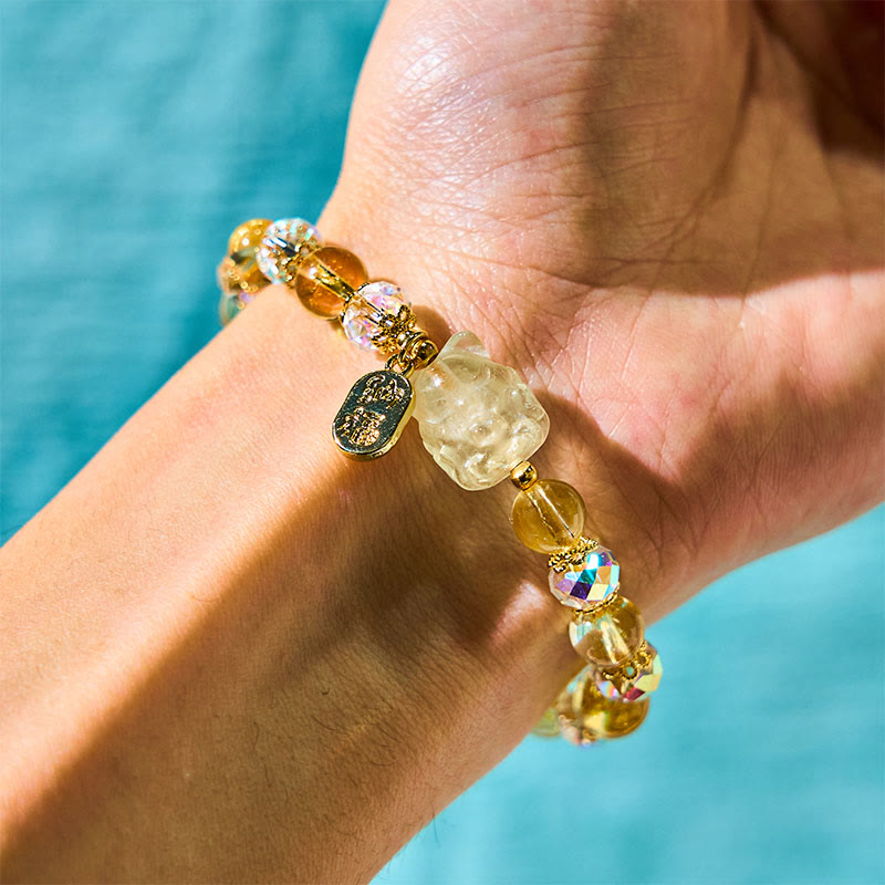 Nimara Ritual Natural Citrine White Crystal Nine Tailed Fox Attracting Wealth Charm Energy Bracelet