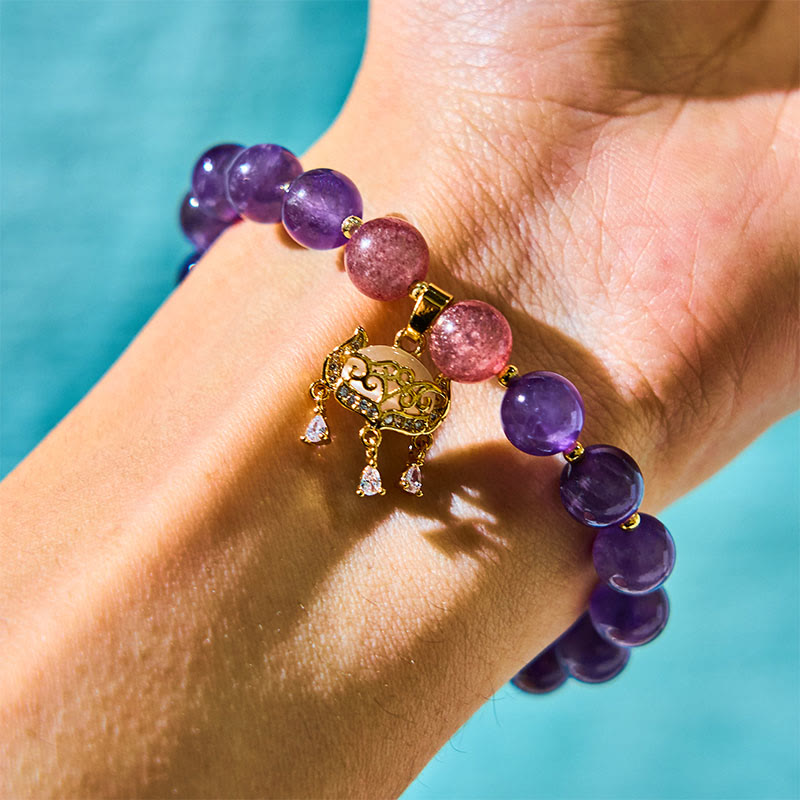 Nimara Ritual Natural Amethyst Strawberry Quartz Peace Lock Charm Positive Bracelet