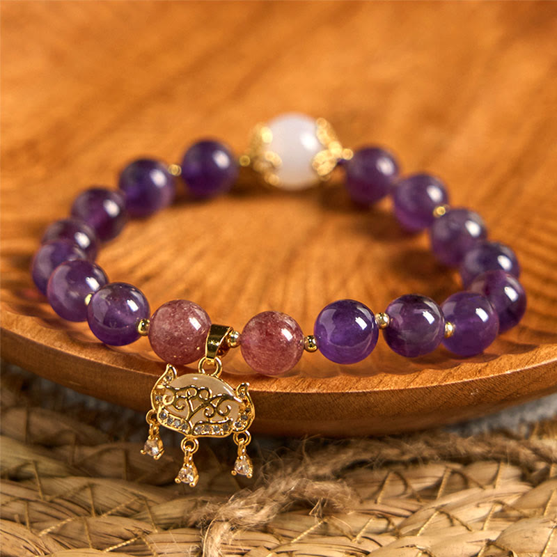 Nimara Ritual Natural Amethyst Strawberry Quartz Peace Lock Charm Positive Bracelet