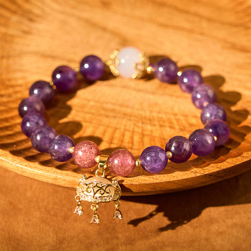 Nimara Ritual Natural Amethyst Strawberry Quartz Peace Lock Charm Positive Bracelet