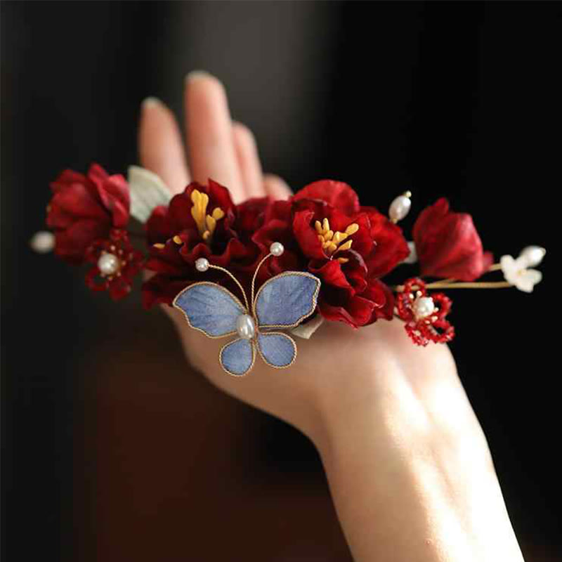 Nimara Ritual Chinese Wedding Red Flower Butterfly Hair Clip