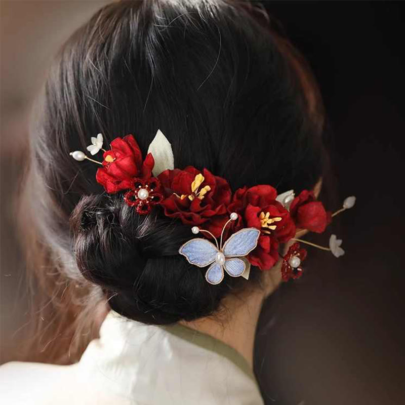 Nimara Ritual Chinese Wedding Red Flower Butterfly Hair Clip