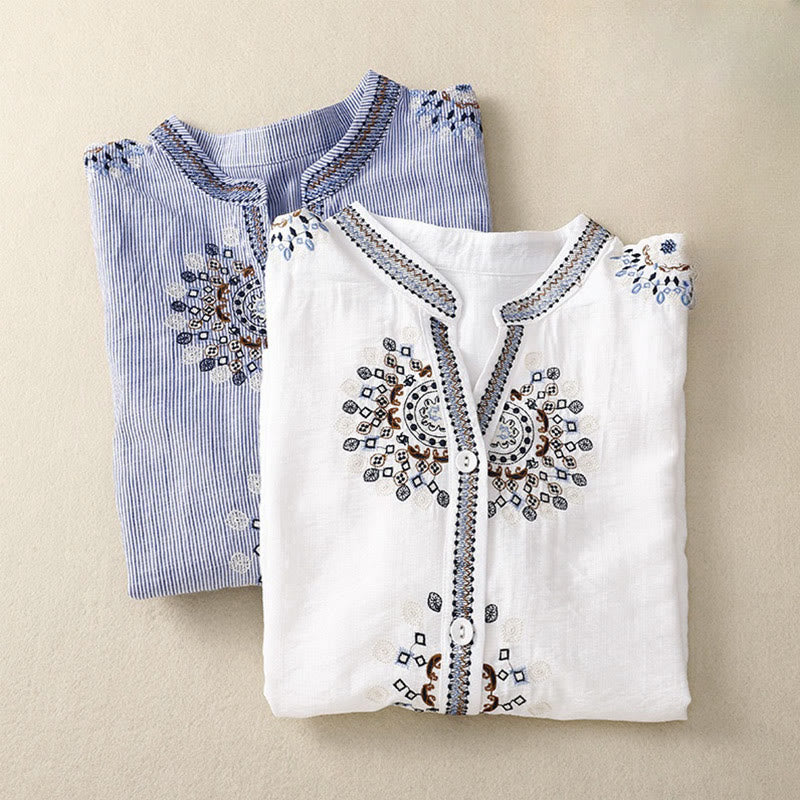 Nimara Ritual Casual Women's Bohemia Embroidery Flowers V-Neck Design Half Sleeve Shirt