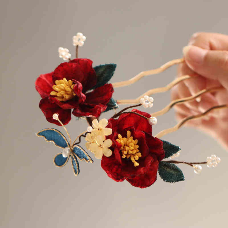 Nimara Ritual Chinese Style Red Camellia Butterfly Hair Clip Hair Comb Hairpin Barrette Accessory