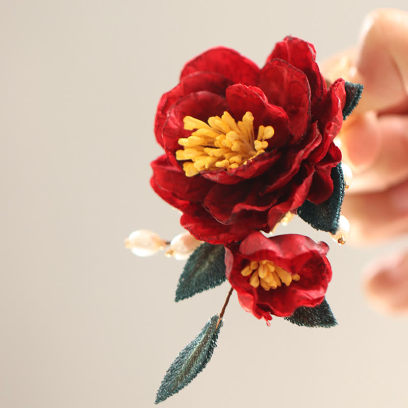 Nimara Ritual Chinese Style Red Camellia Butterfly Hair Clip Hair Comb Hairpin Barrette Accessory