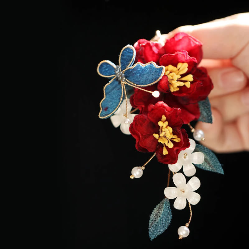 Nimara Ritual Chinese Style Red Camellia Butterfly Hair Clip Hair Comb Hairpin Barrette Accessory