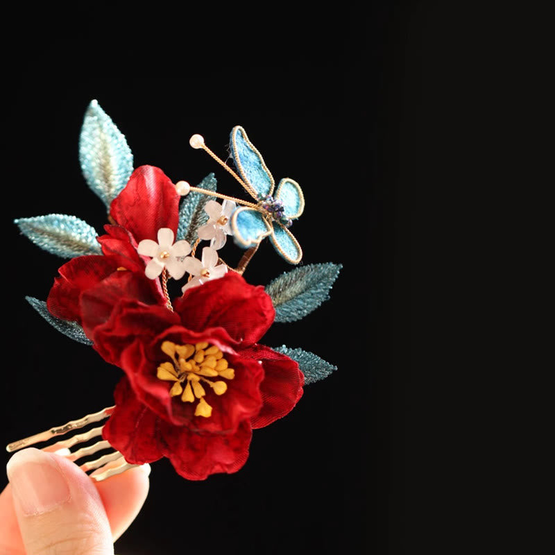 Nimara Ritual Chinese Style Red Camellia Butterfly Hair Clip Hair Comb Hairpin Barrette Accessory