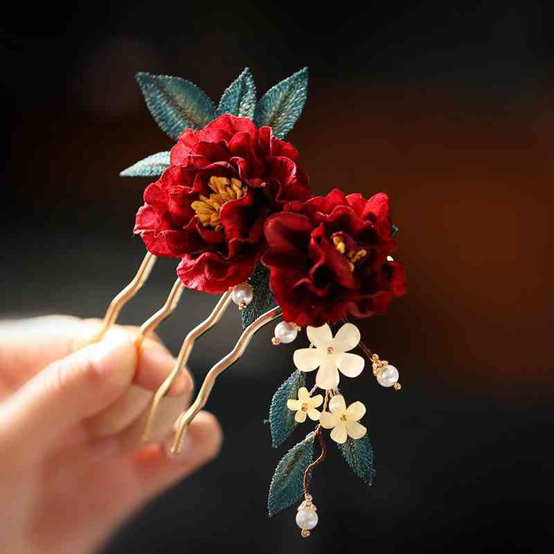 Nimara Ritual Chinese Style Red Camellia Butterfly Hair Clip Hair Comb Hairpin Barrette Accessory