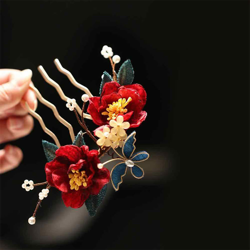 Nimara Ritual Chinese Style Red Camellia Butterfly Hair Clip Hair Comb Hairpin Barrette Accessory