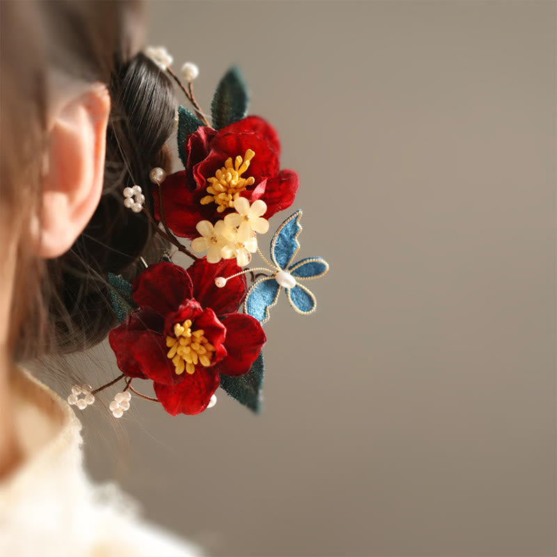Nimara Ritual Chinese Style Red Camellia Butterfly Hair Clip Hair Comb Hairpin Barrette Accessory