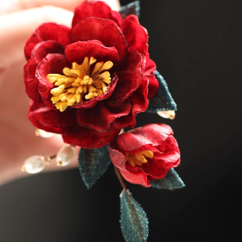 Nimara Ritual Chinese Style Red Camellia Butterfly Hair Clip Hair Comb Hairpin Barrette Accessory