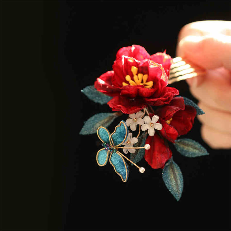Nimara Ritual Chinese Style Red Camellia Butterfly Hair Clip Hair Comb Hairpin Barrette Accessory