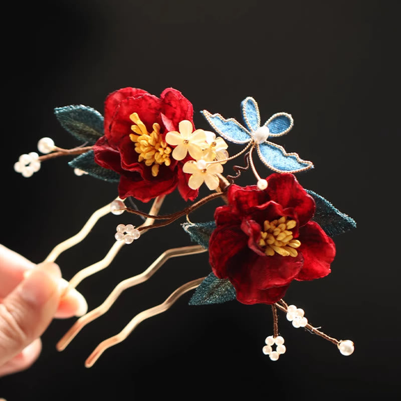 Nimara Ritual Chinese Style Red Camellia Butterfly Hair Clip Hair Comb Hairpin Barrette Accessory