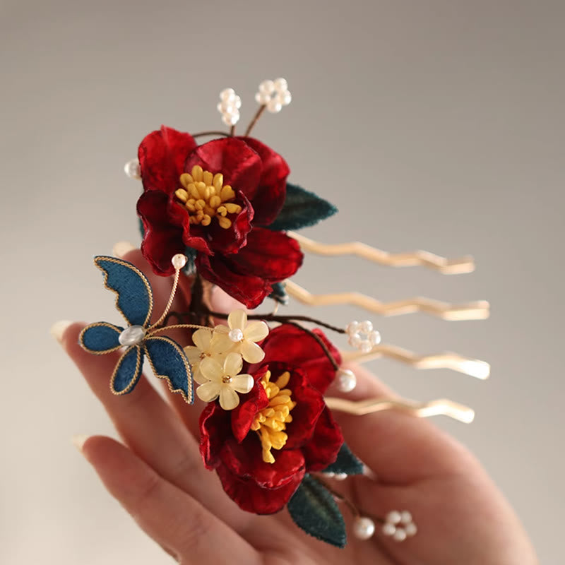 Nimara Ritual Chinese Style Red Camellia Butterfly Hair Clip Hair Comb Hairpin Barrette Accessory