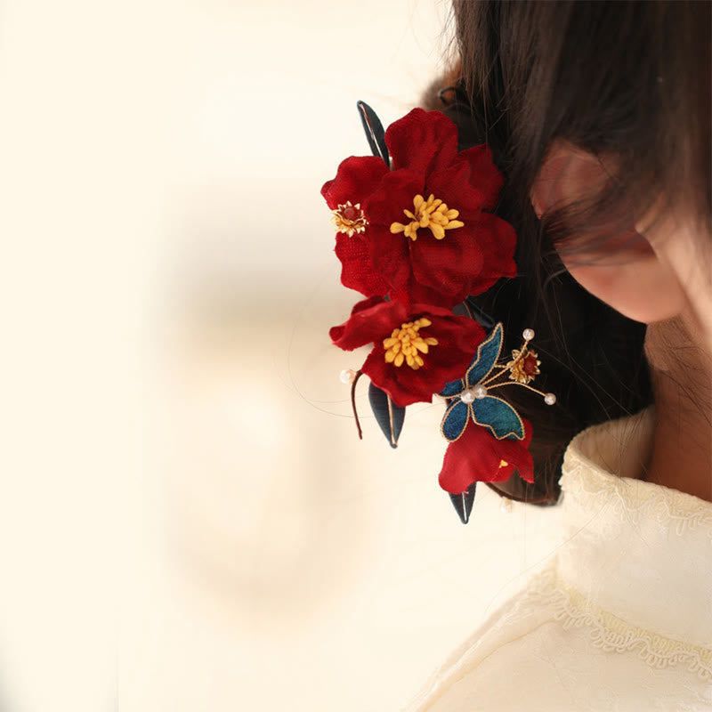 Nimara Ritual Chinese Wedding Red Flower Butterfly Hair Comb Hairpin Barrette