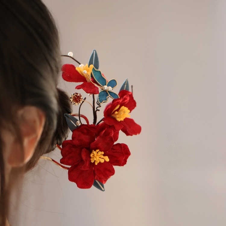 Nimara Ritual Chinese Wedding Red Flower Butterfly Hair Comb Hairpin Barrette