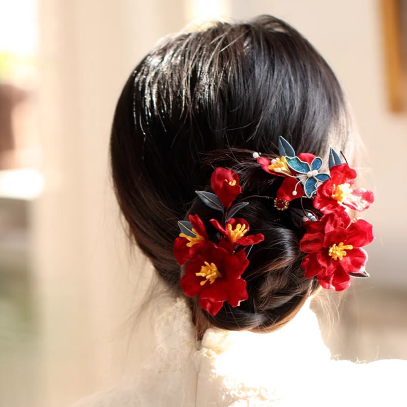 Nimara Ritual Chinese Wedding Red Flower Butterfly Hair Comb Hairpin Barrette