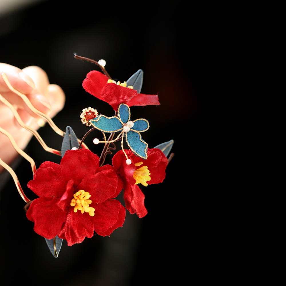 Nimara Ritual Chinese Wedding Red Flower Butterfly Hair Comb Hairpin Barrette