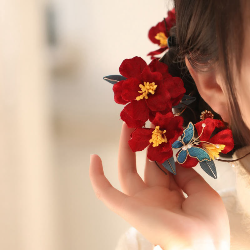 Nimara Ritual Chinese Wedding Red Flower Butterfly Hair Comb Hairpin Barrette