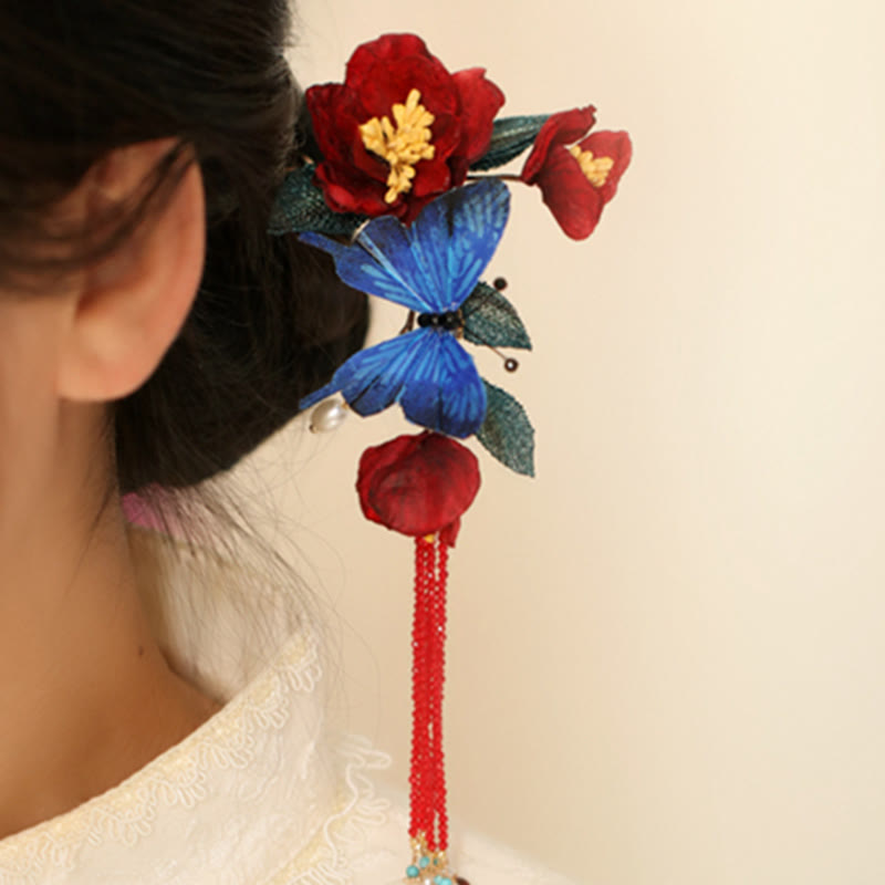 Nimara Ritual Classical Chinese Style Red Flower Blue Butterfly Hairpin